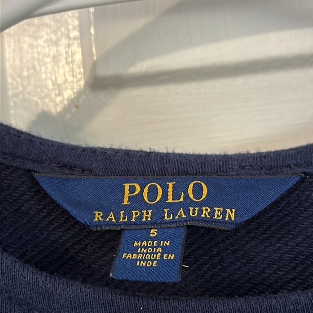 Girl’s Polo Ralph Lauren Blue Long Sleeve Sweatshirt with Plaid Ruffle Bottom - Picture 4 of 6